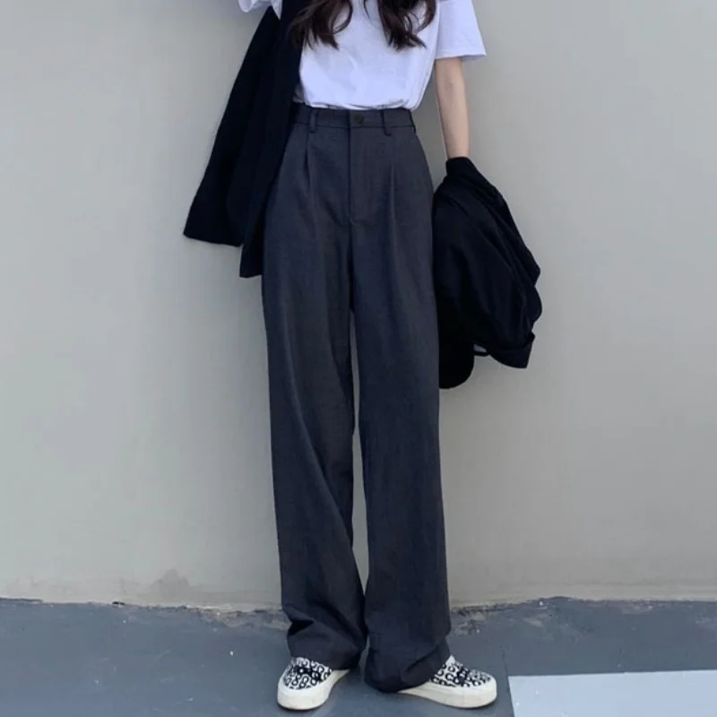 

Grey suit pants women's spring and autumn thin high waist loose straight wide leg pants vertical feeling black floor dragging