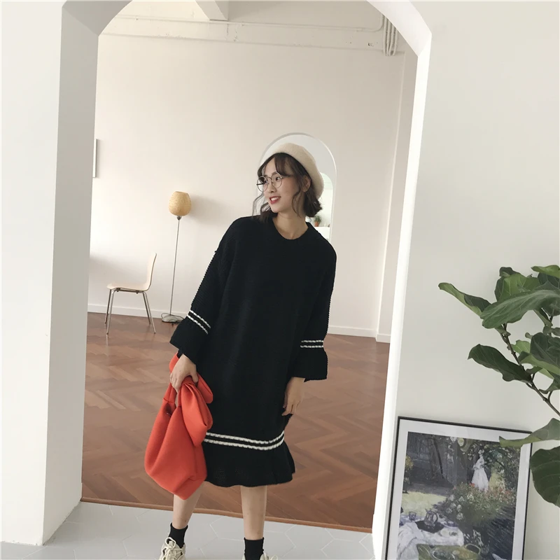 KINOMI Autumn Winter Long Dresses Warm Women Sweater Dress Knitting Loose Sleeve O-Neck Mermaid 2019 New | Женская одежда