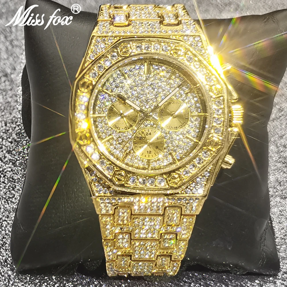 

18K Gold MISSFOX Hip Hop Men Quartz Watches Waterproof Dive Chronograph Full Diamond Watch Bling Iced Out Big Dial Jewelry Clock