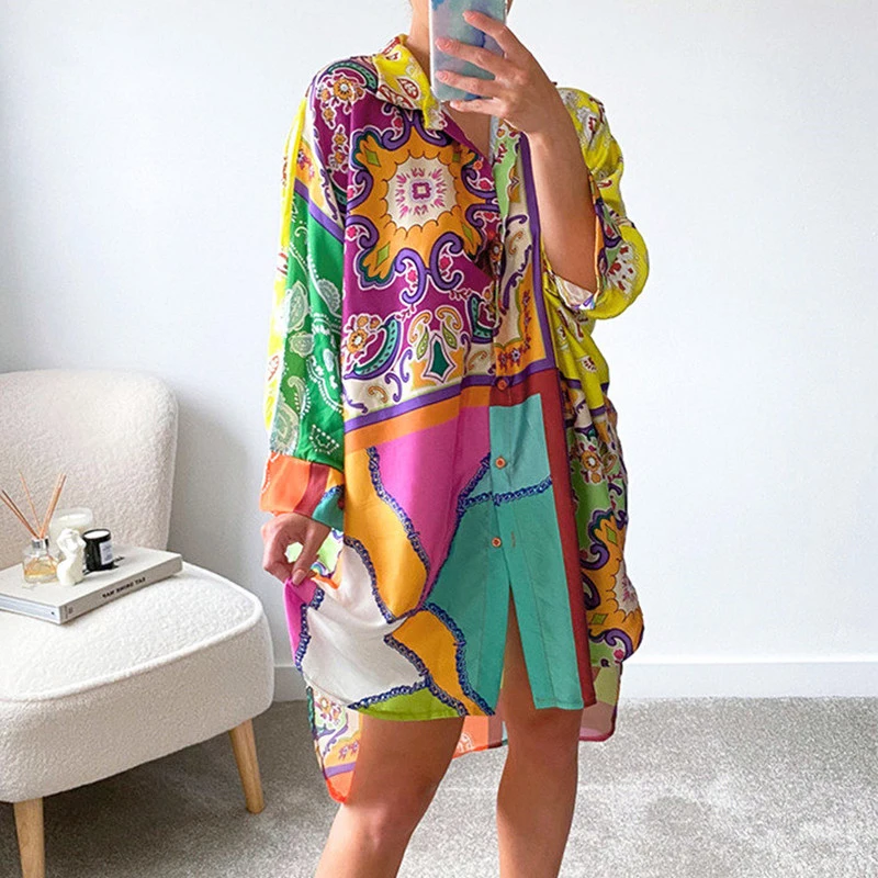 

New Arrived Women’s Long Sleeve Shirt Dress Fashion Casual Loose Single-breasted Lapel Dresses Ladies Printing Short Dress Femme