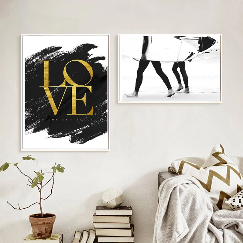 

Black White Double Surfing Love Word Canvas Painting Wall Art Nordic Posters and Prints Wall Pictures for Living Room Decoration