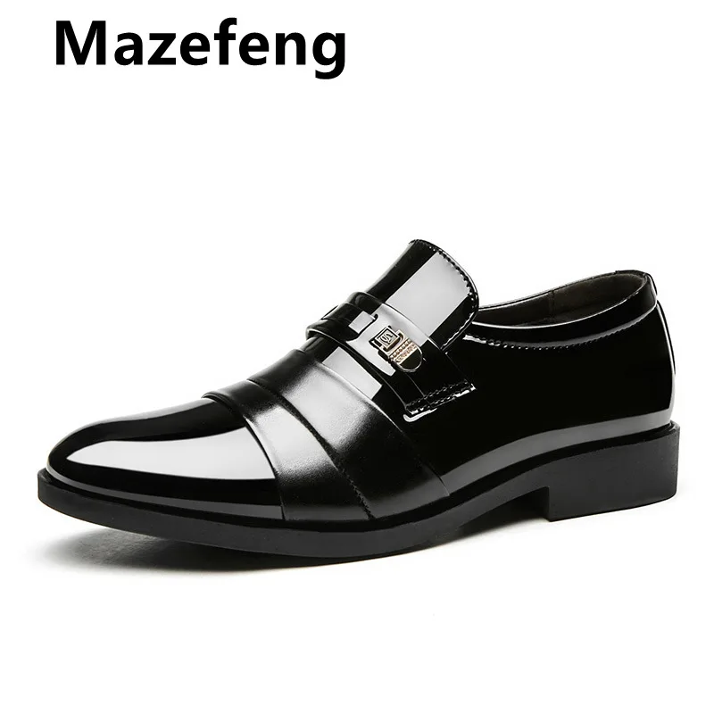 

Mazefeng новые Брендовые мужские деловые туфли без шнуровки с острым носком из лакированной кожи оксфорды для мужчин классические туфли деловые Большие размеры 38-46