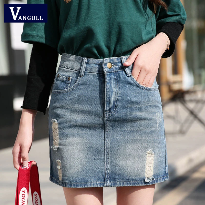 Vangull летняя новинка Потертая джинсовая мини юбка женская высокая талия дыра