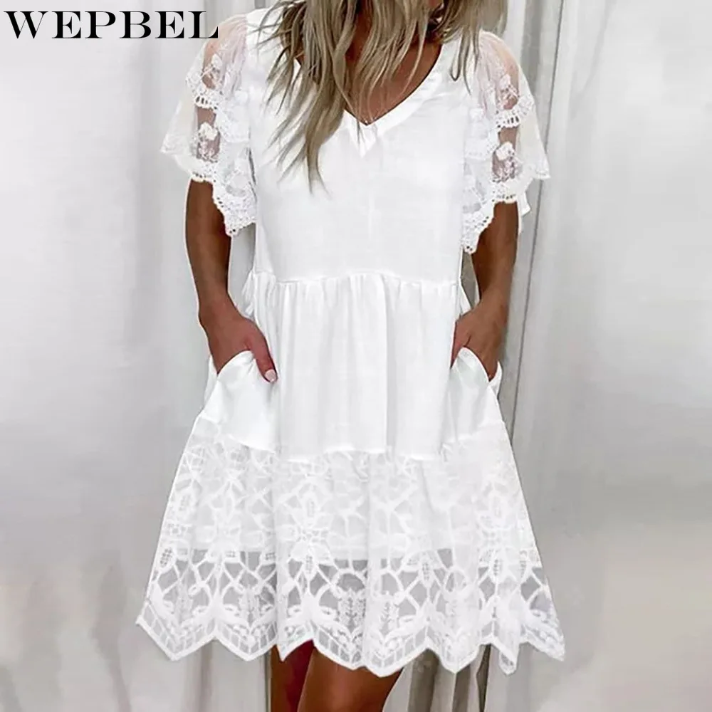 

WEPBEL Lace Stitching Dress Women's Casual Dress Summer Fashion Short Sleeve V-neck Pocket Pleated Dress