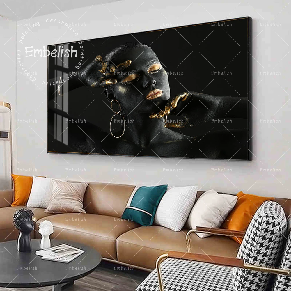 

Embelish Beautiful Black And Golden African Nude Woman Portrait Wall Art Pictures For Living Room Home Decor HD Canvas Paintings