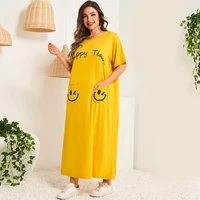 summer new fashion womens casual solid color letter pattern printing simple and loose long half sleeved round neck home dress
