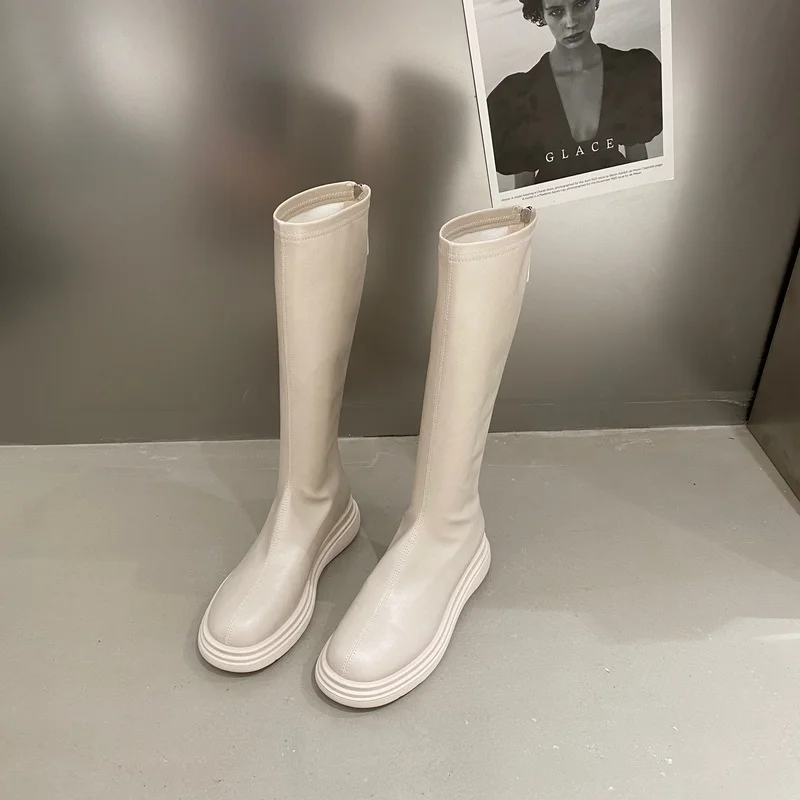 

Women Platform Boots 2021 Winter Gothic Shoes Long Boots Women Fashion Black Beige Mid Calf Boots Round Toe Slip on Riding Boots