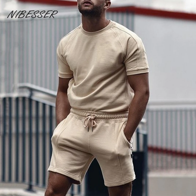 

Комплект спортивной одежды NIBESSER мужской из 2 предметов, тенниска и шорты, брендовая майка, комплект с короткими рукавами, однотонная одежда, ...