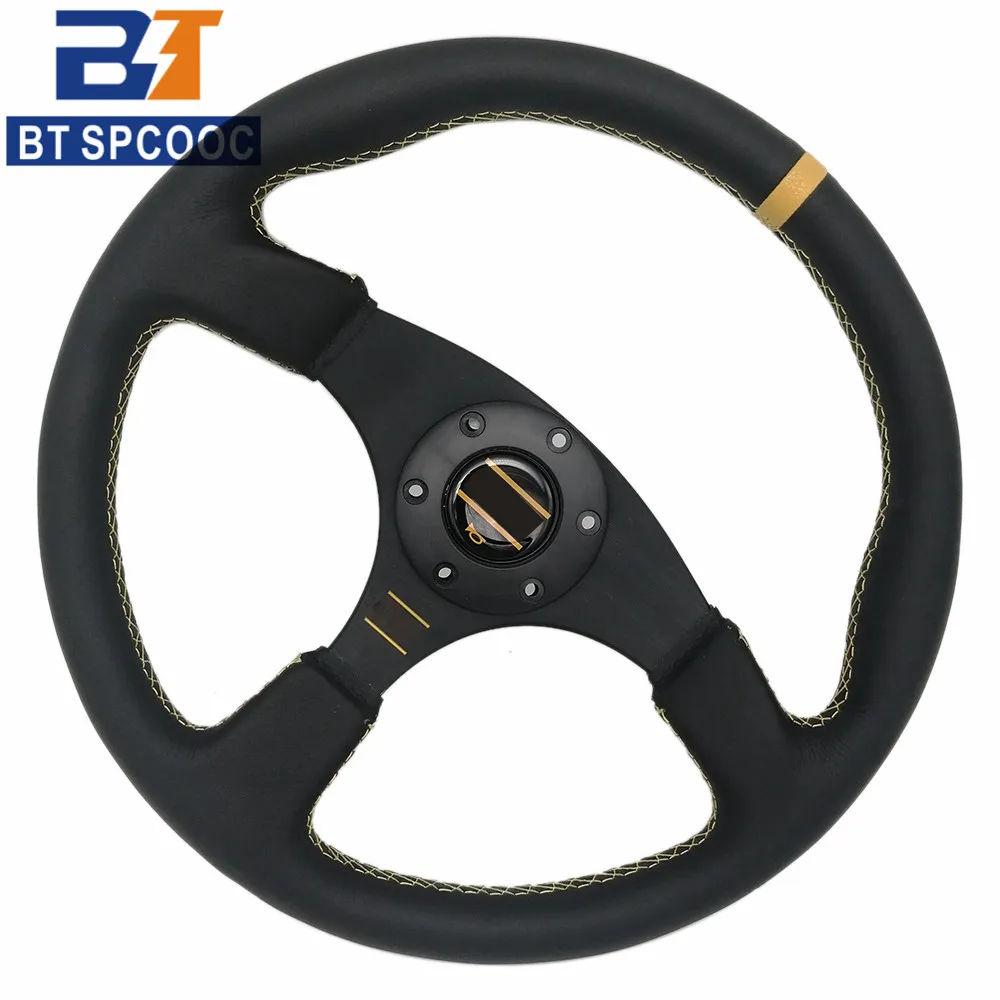 

SPCOOC New Car Steering Wheel 14 Inch 350mm Drift Sport Flat Leather Racing Steering Wheels Perforated With Logo Yellow Red