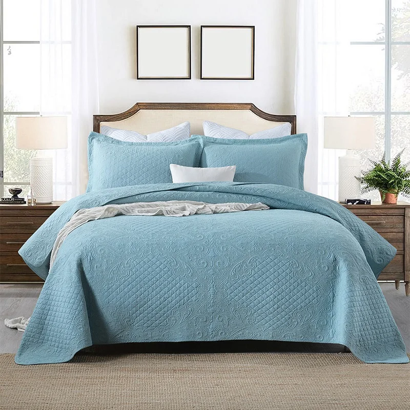 

White Bedspread on the Bed Quilt Set 3pcs Coverlets Embroidered Bed Cover King Size Solid Color Quilted Blanket for Bed