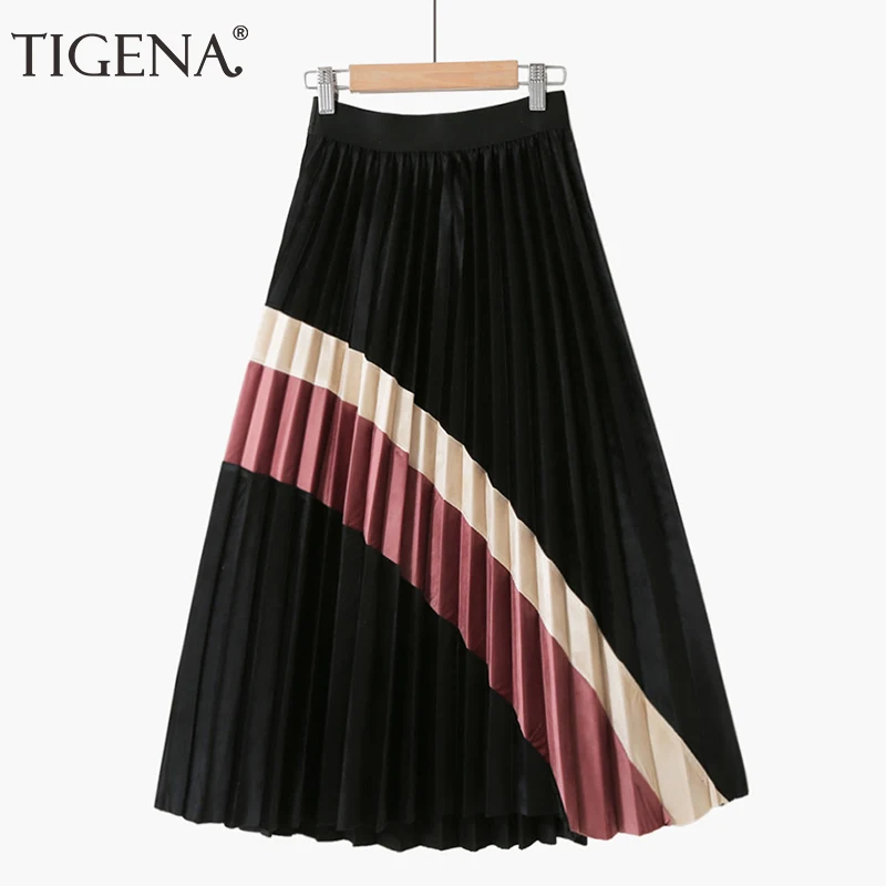 Женская плиссированная юбка TIGENA длинная из бархата трапециевидная с высокой