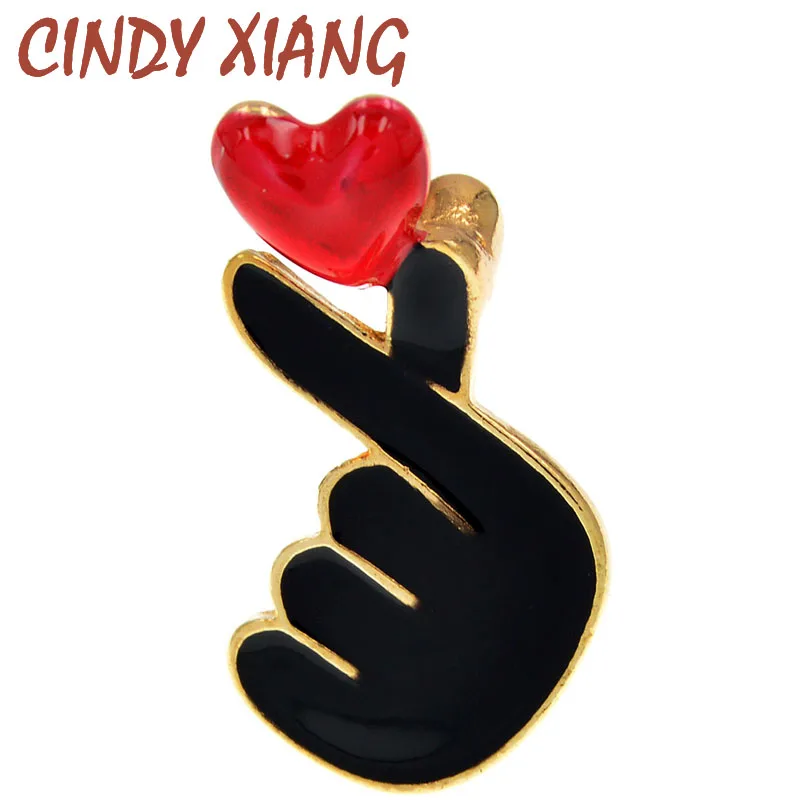 

CINDY XIANG New Love Than Heart Gesture Brooches Enamel Black Hand Red Heart Pins Fashion New Jewelry Lovers Suit Accessories