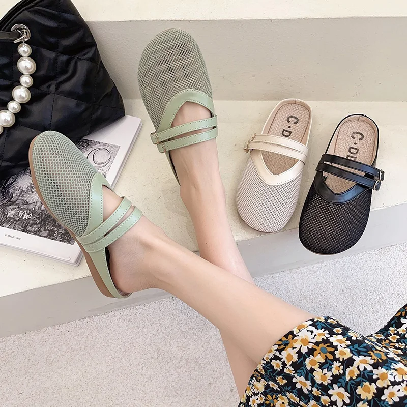 

Flat Shoes Female Womens Slippers Outdoor Mules Sexy Loafers Pantofle Cover Toe Luxury Slides Low 2021 Designer Cotton Fabric PU