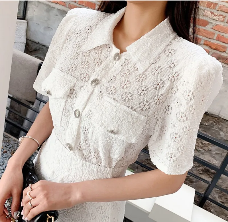 

2021 summer fashion Korean women Lace 2 Pieces Set White Shirts tops + Split Sheath Bodycon Skirts sets