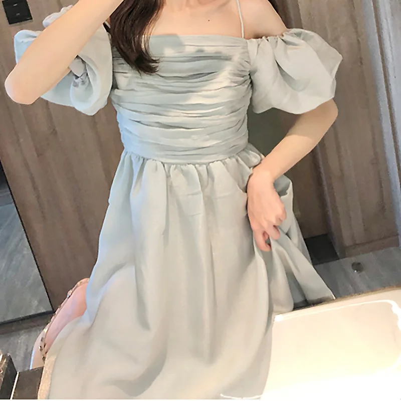 2020 Summer New Light Luxury Women's Mint Flower Sleeve Dress High Waist Pleated Mid-length Midi Fashion Trend | Женская одежда