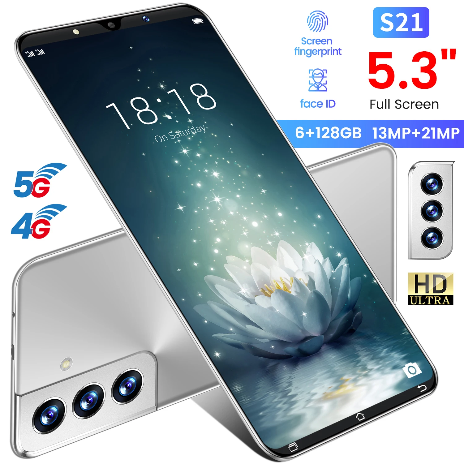 

Global Version S21 Smartphone 5.3 inches Android 11 4950mAh 6G+128GB 13MP + 21MP Mobile Phone Face Fingerprint Recognition Phone