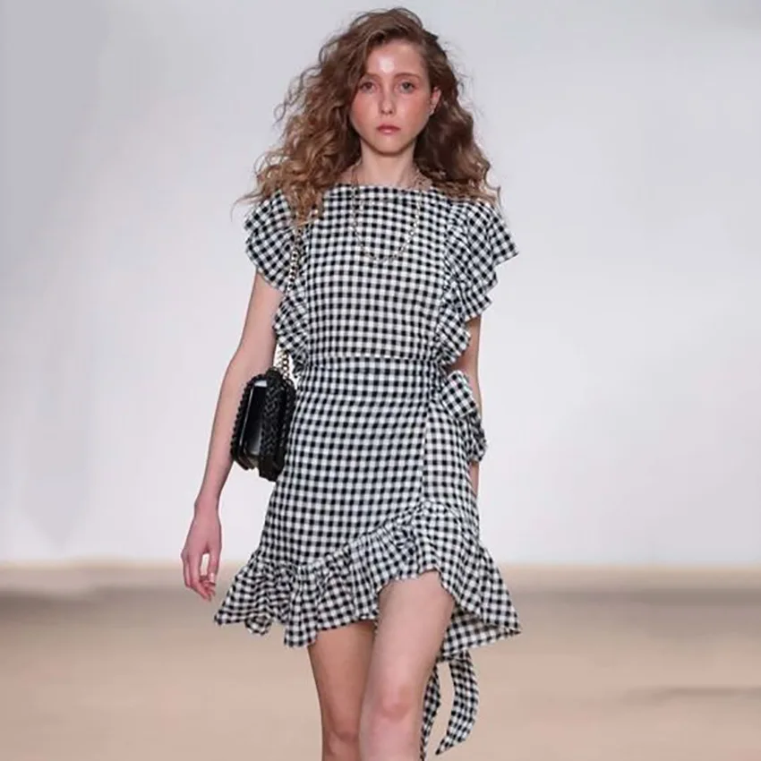 

DUISNENA boho short dress irregular flounced edge summer dress belt plaid women dresses mini dress vestidos