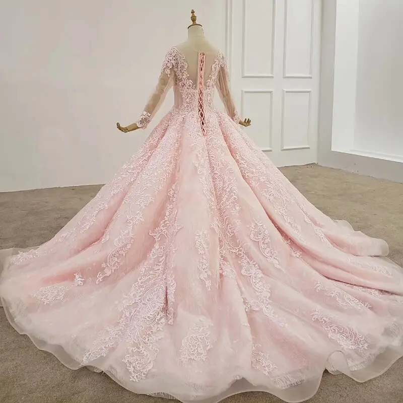 Женское вечернее платье HTL1275 розовое с длинным рукавом и круглым вырезом