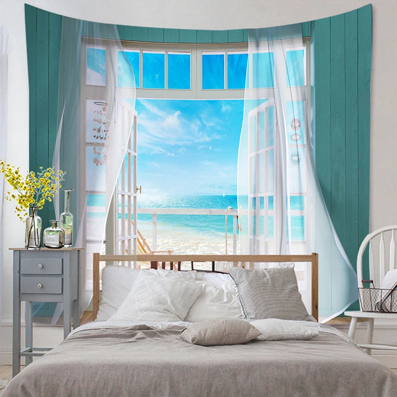 

Blue Ocean Beach Wave Imitation Door Tapestry Hanging Flower Window Tapestries Wall Cloth Background Home Decoration