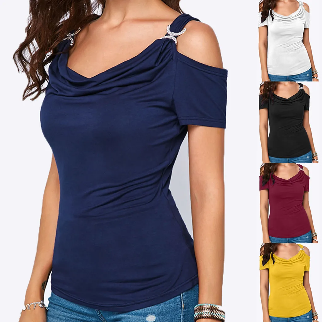 

Off-shoulder Women's casual fashion shirt female summer draped collar shirt ladies solid large size short-sleeved t shirt