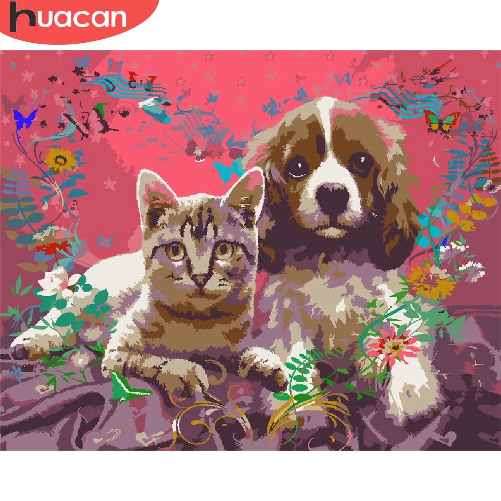 HUACAN Раскраска по номерам собака и кошка ручная краска ed Art подарок DIY Краска