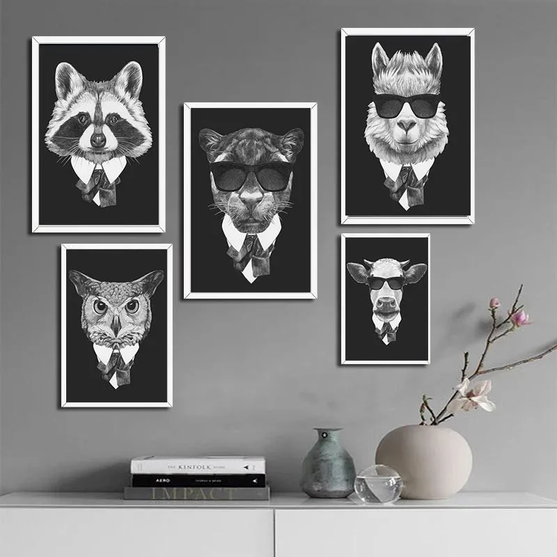Современная Картина на холсте черные белые нежные животные с костюмом настенные