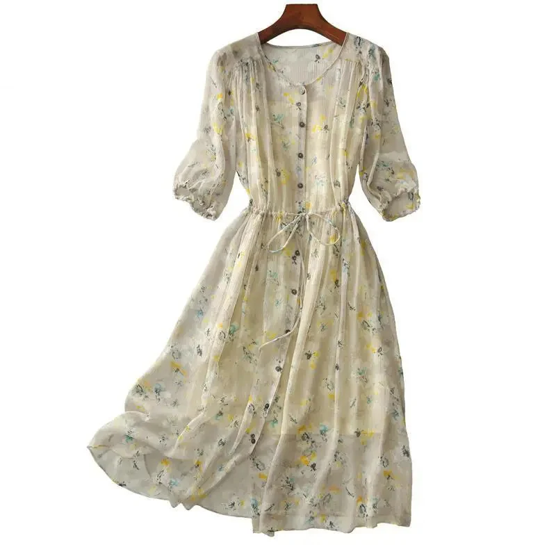 

Sister Fara Elegant Lantern Sleeve Women's Dress 2021 Summer O-Neck Lace Up Slim Waist Long Dress Ladies Casual Print Dresses