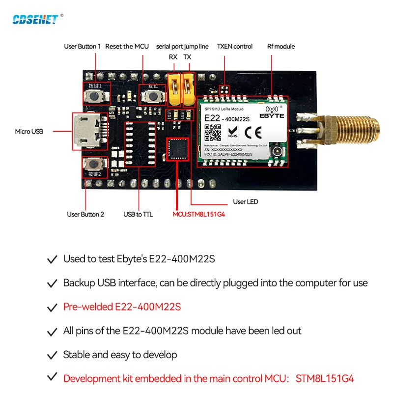 SX1268 Lora Test Board  433MHz 470MHz Development Test Kit for E22-400M22S CDSENET E22-400MBL-01