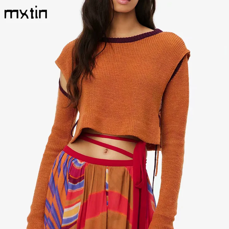 

MXIN 2021 Women Fashion Sexy Cropped Knitted Pullover Sweater Vintage Loose O Neck Long Sleeve Female Jumper Chic Tops