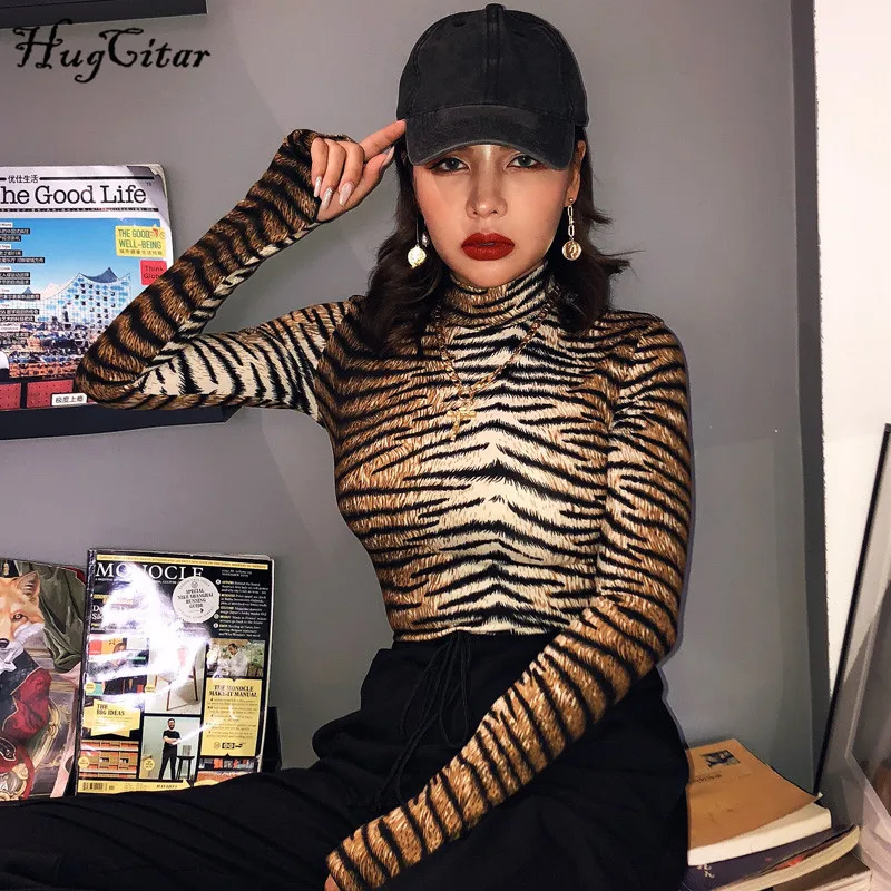 Модель 2019 года Женская Клубная одежда Hugcitar с принтом тигра Осень зима