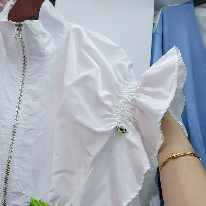 

SeeBeautiful Ruffkes Stitching Loose Jacket Coat Stand Puff Sleeve Zipper Contrast Color New Fashion Spring 2021 Woman E297