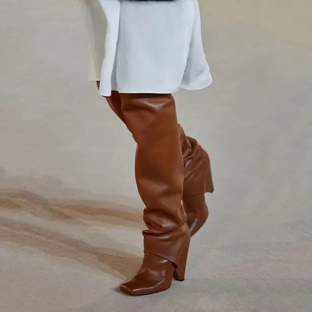 

Charming Ladies Super Thigh High Pleated Long Boots Patent Leather 10 cm Spike Heels Square Toe Stage Over The Knee Knight Boots