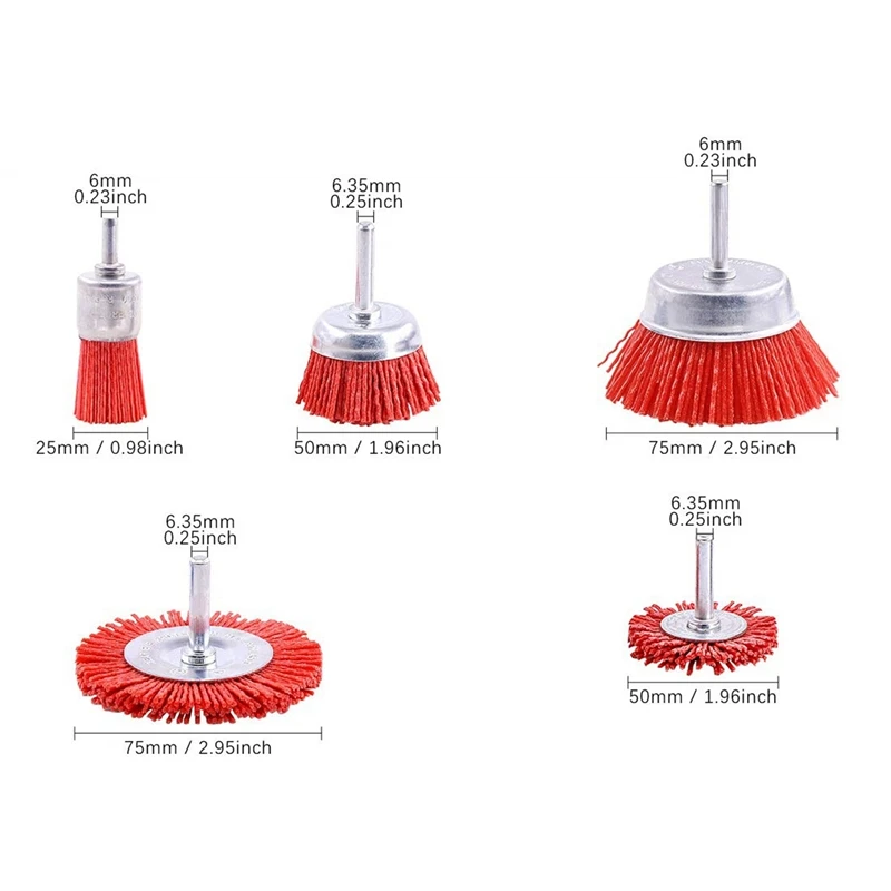 

5Pcs Abrasive Wire Bowl Brush Flat Brush and Brush Set, Used for Drill Bit Rotary Tool Wood Polishing 6mm Handle