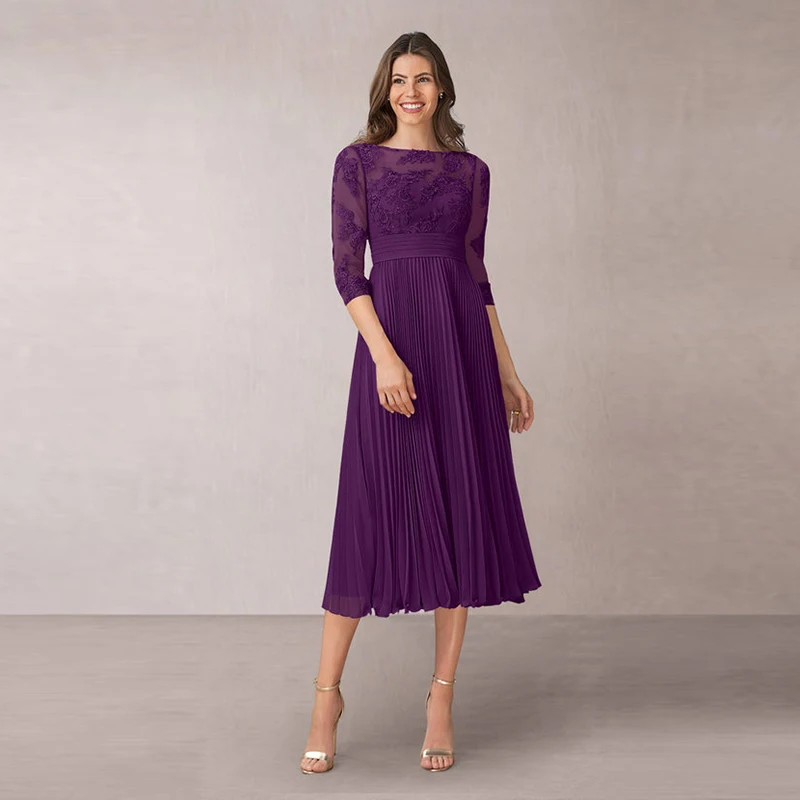 

Purple Mother Of The Bride Dresses A-line Half Sleeves Tea Length Chiffon Appliques Short Groom Mother Dresses For Weddings