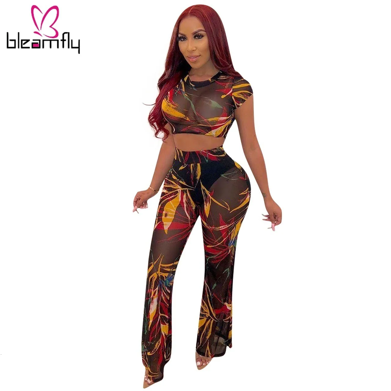 2019 летний женский сетчатый топ с принтом в виде листьев и прямые брюки костюмы из