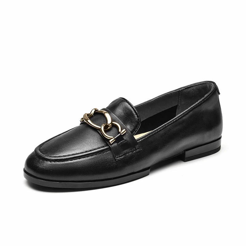 

Casual Loafers Women Sheepskin Leather Round Toe Slip On Sewing Flats Metal Decoration Ladies Low Heel Shoes 27498