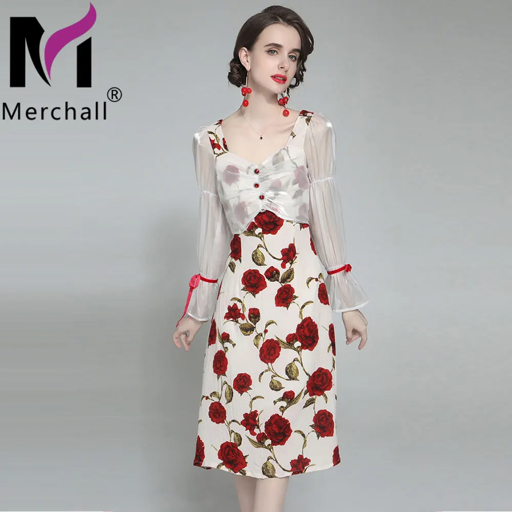 

Elegant Ladies Rose Floral Print Midi Dress Women Square Collar Long Flare Sleeve Evening Party Dress Autumn Spring Robe M68279