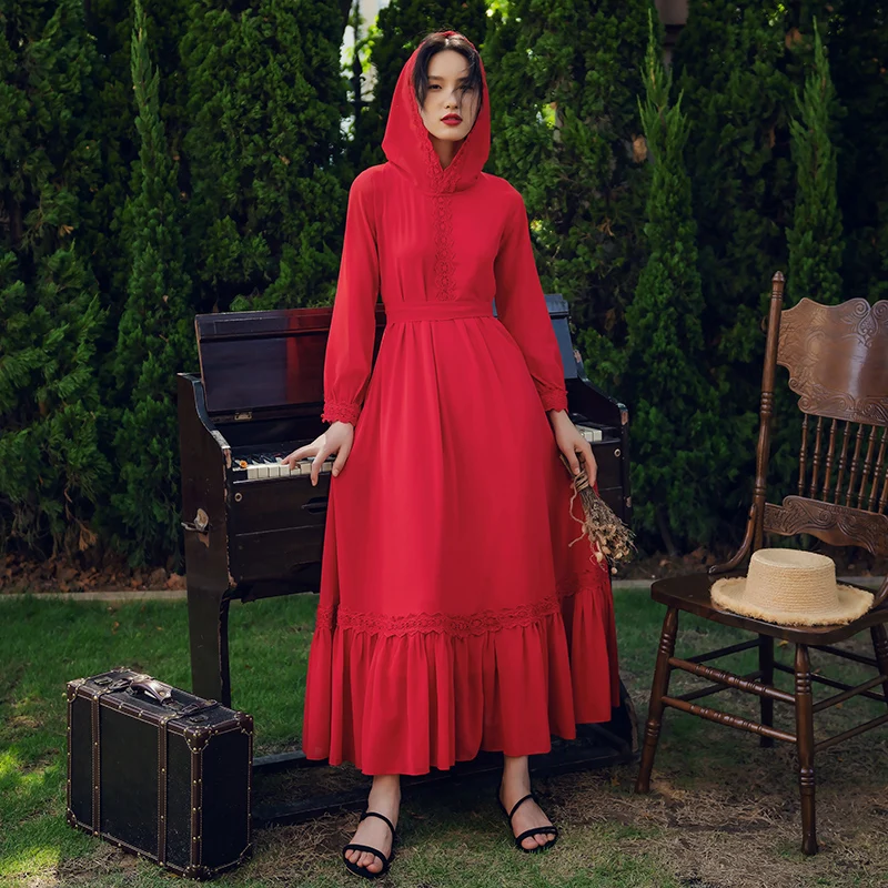 Женское винтажное платье макси с капюшоном красное элегантное праздничное