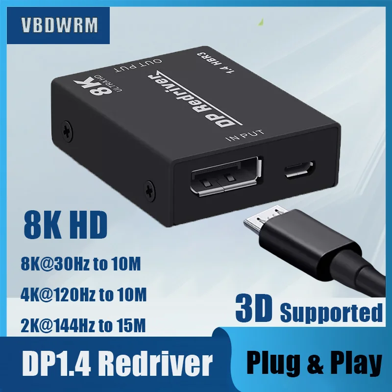 

8K HD DisplayPort Extender Repeater 8k 30hz Display Port 1.4 Booster Cable DP Amplifier Supports 3D for Projector,Gaming Monitor