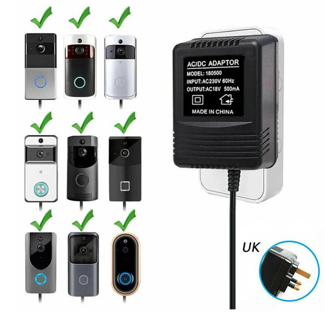 

5M Power Supply Charging Adapter Charger For Video Ring Doorbell Transformer UK Black Adapter For Video Doorbell AC 230V 50Hz