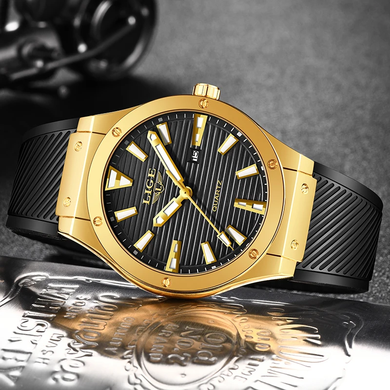 Часы наручные LIGE Мужские кварцевые с силиконовым ремешком спортивные