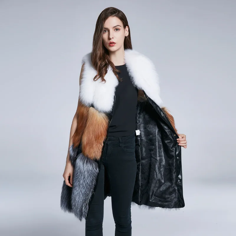 Enlarge High Quality Winter Warm Thick Fox Hair Fur Coats Vest Jacket Middle Length Fashion Contrast Color Slim Overcoats for Women