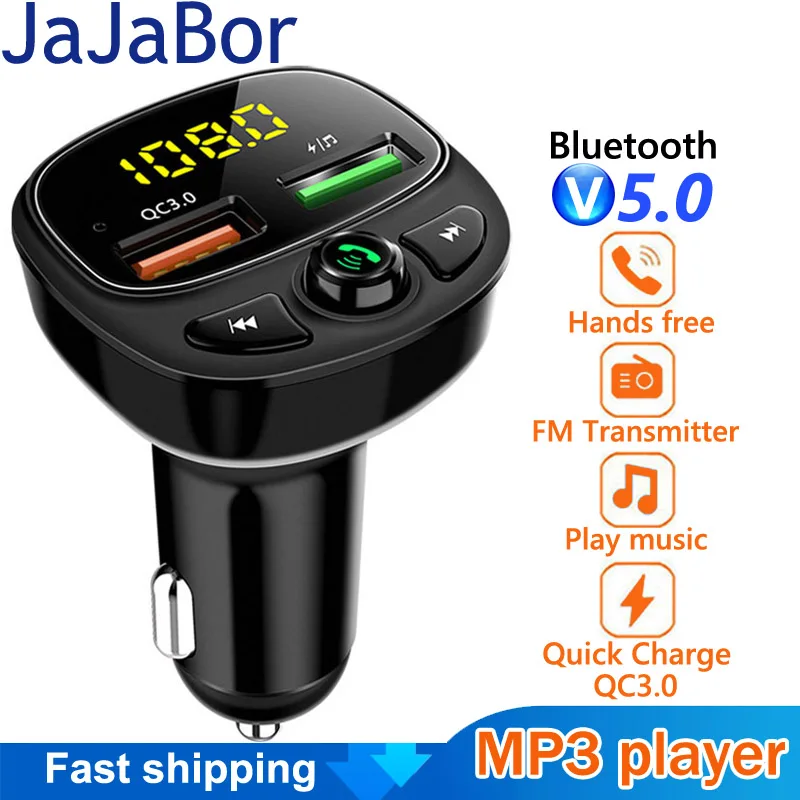 

JaJaBor FM Transmitter Bluetooth 5.0 Car Kit Handsfree Car Mp3 Player Quick Charge QC3.0 Support TF Card U Disk FM Modulator