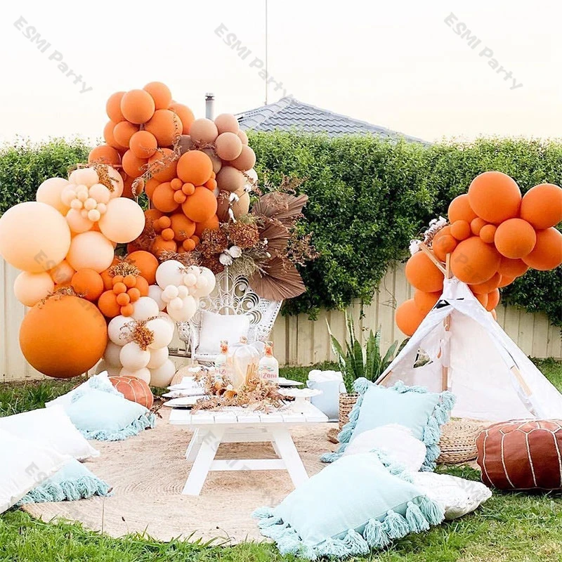 

132pcs Matte Orange Balloons Garland Chain Garden Easter Party Decoration Doubled Cream Peach Cocoa Ballon Arch Halloween Decor