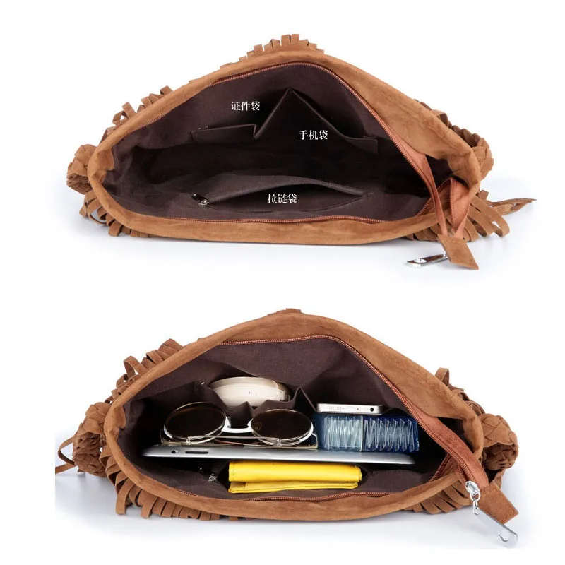 Женская Хиппи Бахрома Кисточкой из искусственной замши Наплечная Сумка Хобо