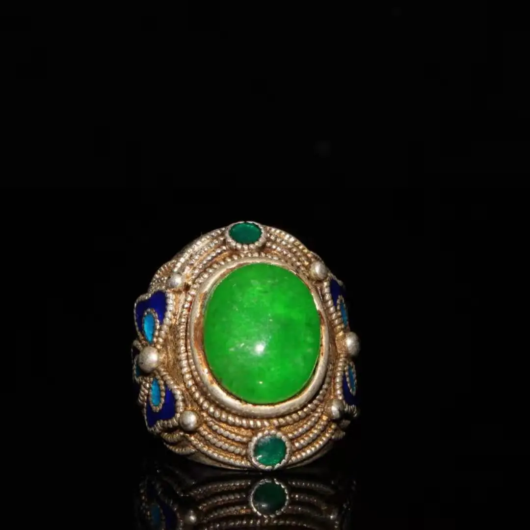 

Collection Chinese old Tibetan silver cloisonne inlaid greenstone jade ring