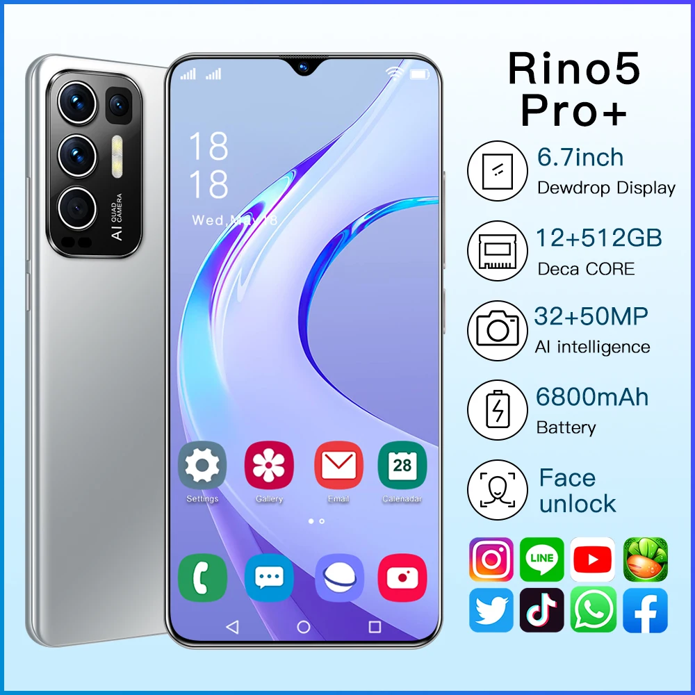 

Rino5 Pro+ 6.7in Smartphone Android 12+512GB Cell Phone Qualcomm 888 10 cores Push-Button Phone Face Unlocked Cell Phones