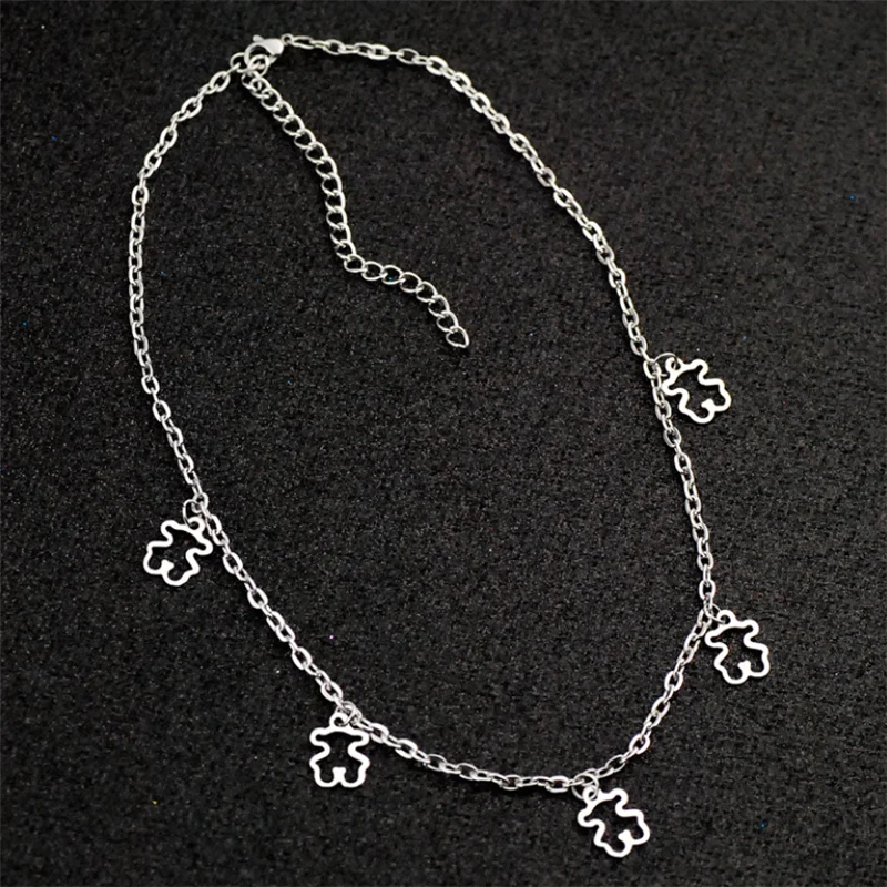 

Silver Color Stainless Steel Bear Pendant Necklace Bracelet Sets Bear Charm Necklace Jewelry Choker Sets for Women Party Gifts