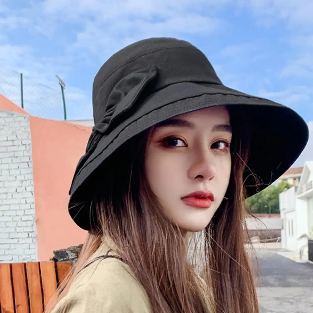 

Women Solid Color Bowknot Wide Brim UV Protection Summer Sun Hat Bucket Cap