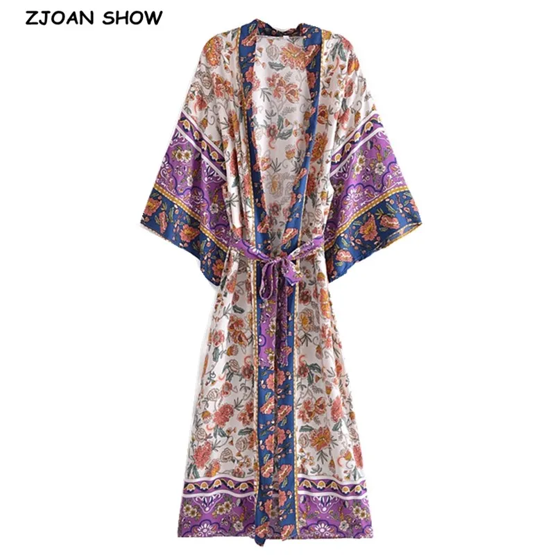 

2021 BOHO Locate Floral Print Long Kimono Shirt Hippie Women Lacing up Tie Bow Sashes Cardigan Loose Blouse Tops Holiday